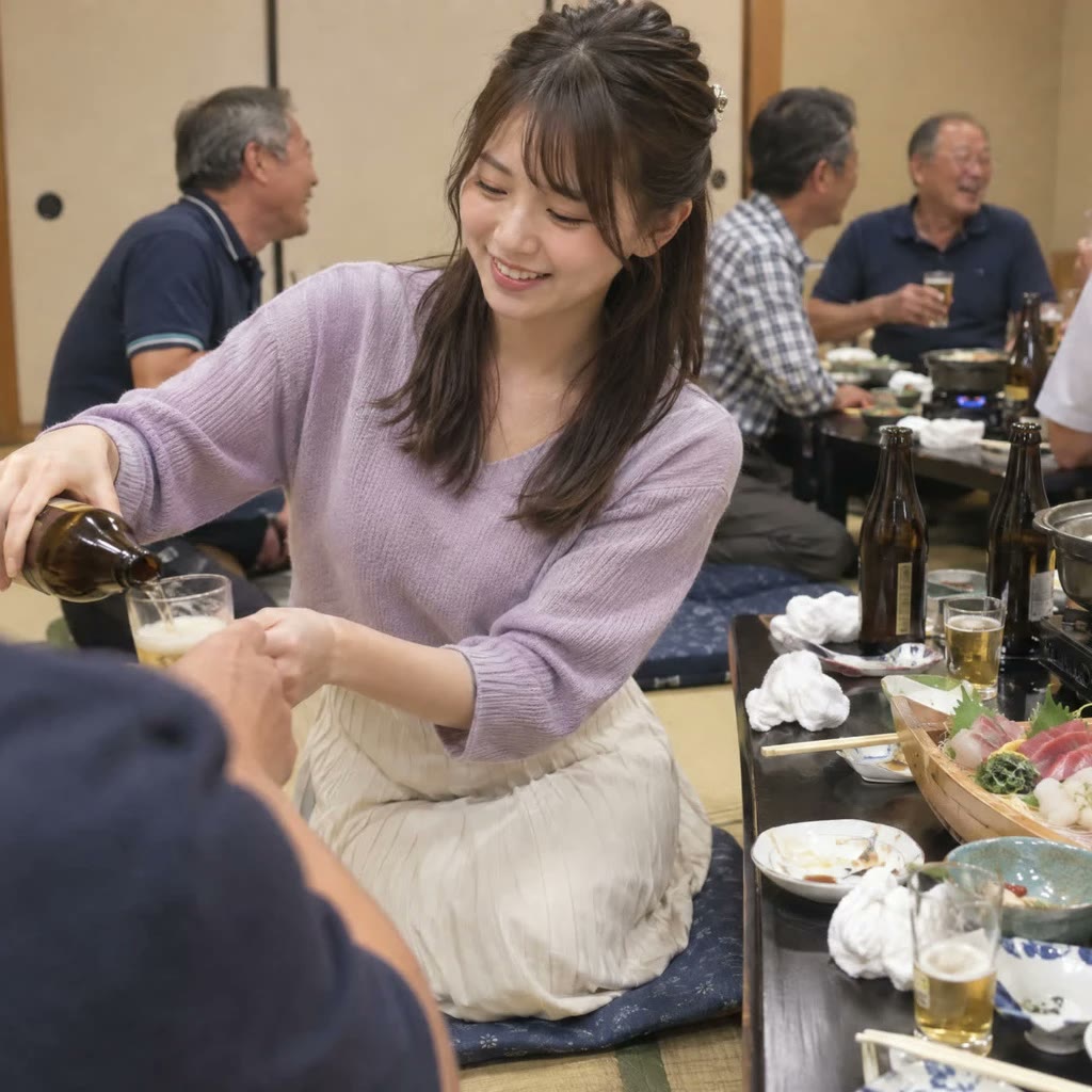 座敷の宴会で、コンパニオンが笑顔でお客様のグラスに瓶ビールを注いでいるところ